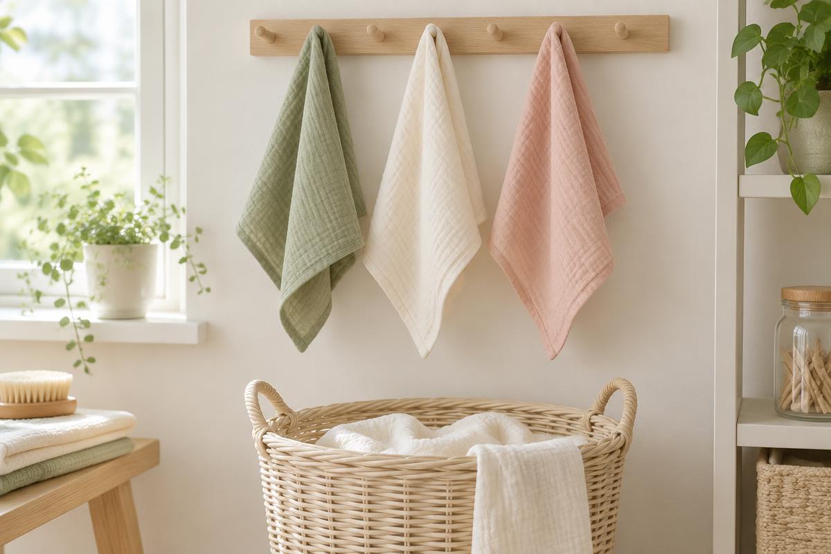 Square muslin langots in sage, cream, and blush hanging on a wooden peg line to dry