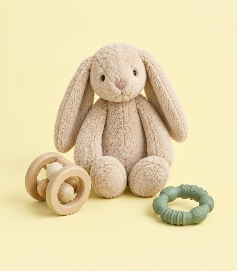 A plush bunny, rattle, and teether