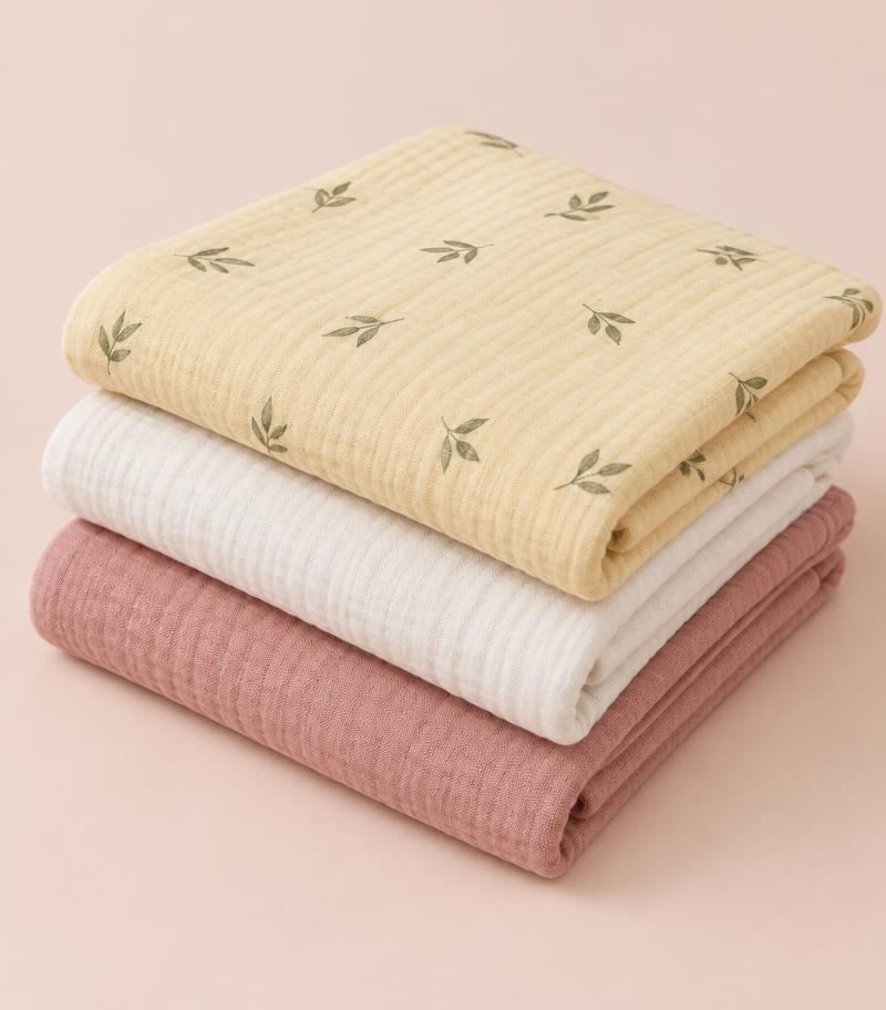 A colourful trio of cosy muslin blankets